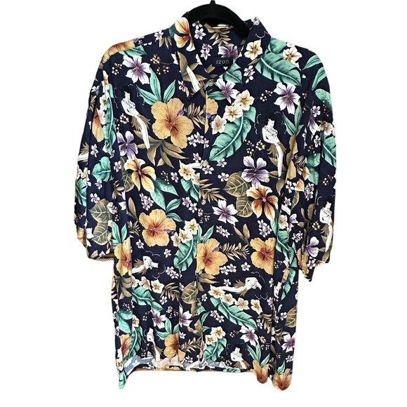Izod Y2K men’s size XL blue tropical print button front short sleeve shirt - Picture 1 of 6